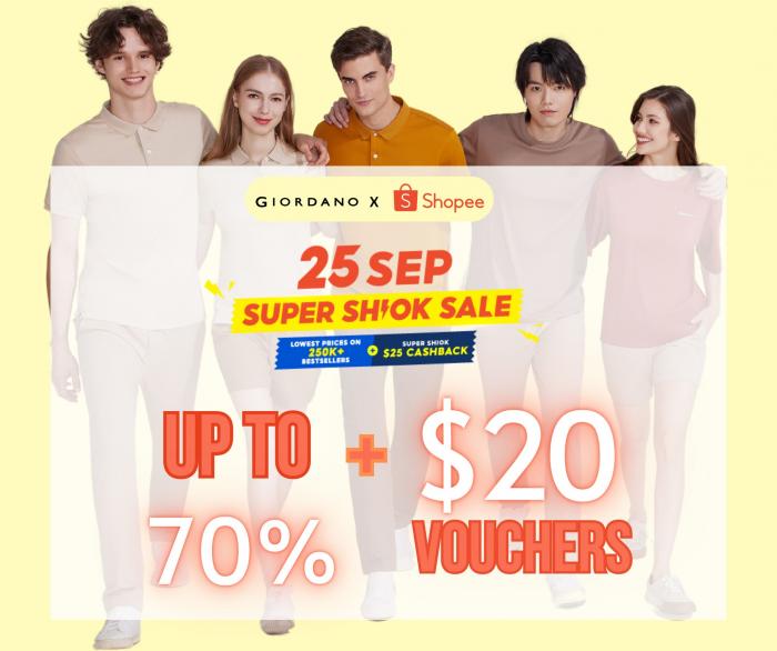 Giordano Super Shiok Sale Up To 70% OFF + $20 Vouchers on Shopee & Lazada (25 Sep 2023) Giordano Super Shiok Sale Up To 70% OFF + $20 Vouchers on Shopee & Lazada (25 Sep 2023)