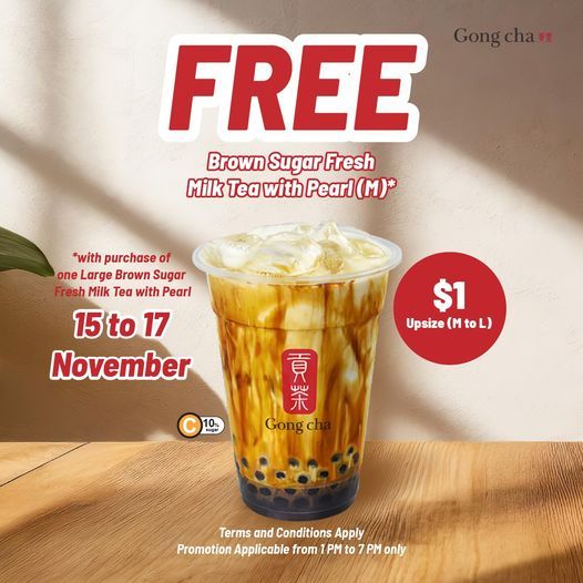 Gong Cha Promotion: Free Brown Sugar Fresh Milk Tea with Pearl (15 Nov 2024 - 17 Nov 2024) Gong Cha Promotion: Free Brown Sugar Fresh Milk Tea with Pearl (15 Nov 2024 - 17 Nov 2024)
