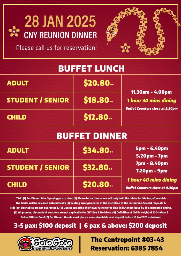 GoroGoro CNY Reunion Dinner 2025: Affordable Buffet Prices Starting at $12.80+! (28 Jan 2025) GoroGoro CNY Reunion Dinner 2025: Affordable Buffet Prices Starting at $12.80+! (28 Jan 2025)
