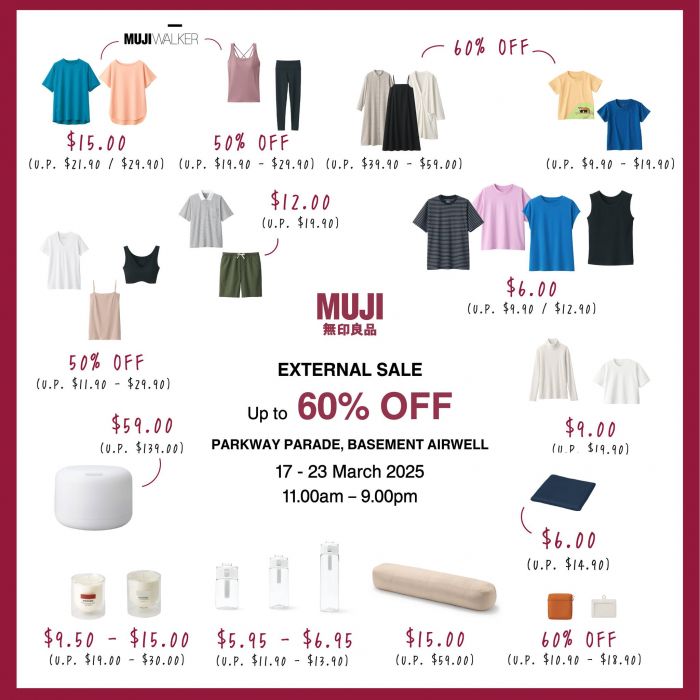 MUJI Parkway Parade External Sale – Up to 60% Off (17-23 Mar 2025) MUJI Parkway Parade External Sale – Up to 60% Off (17-23 Mar 2025)