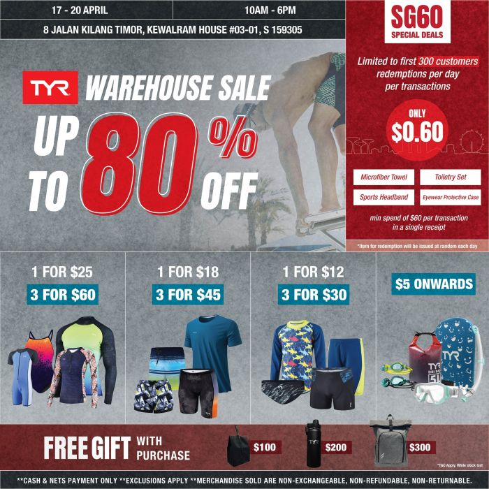 TYR Warehouse Sale Singapore April 2025 – Up to 80% Off Swimwear, Gear & More TYR Warehouse Sale Singapore April 2025 – Up to 80% Off Swimwear, Gear & More
