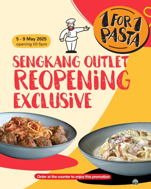 PastaMania Sengkang Reopening – 1-for-1 Pasta Promotion (5-9 May 2025) PastaMania Sengkang Reopening – 1-for-1 Pasta Promotion (5-9 May 2025)