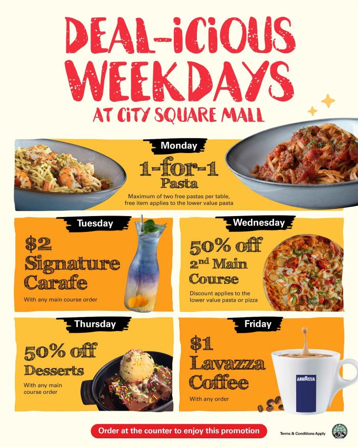 PastaMania City Square Mall Weekday Promotion: 1-for-1 Pasta, $2 Drinks, $1 Coffee & More (till 30 Sep 2025) PastaMania City Square Mall Weekday Promotion: 1-for-1 Pasta, $2 Drinks, $1 Coffee & More (till 30 Sep 2025)