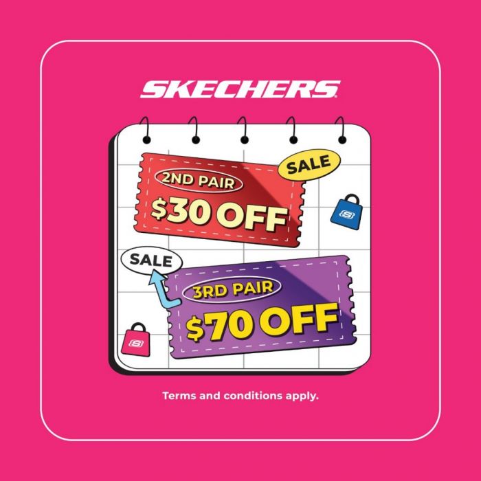 Skechers Plaza Singapura Promotion – $30 Off 2nd Pair, $70 Off 3rd Pair (30 Jun – 27 Jul 2025) Skechers Plaza Singapura Promotion – $30 Off 2nd Pair, $70 Off 3rd Pair (30 Jun – 27 Jul 2025)