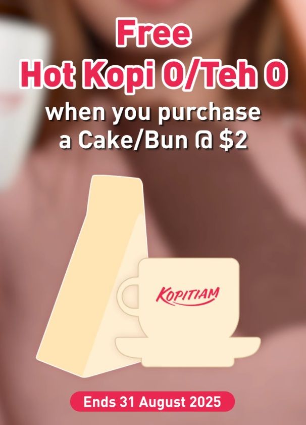 Kopitiam SG60 Promotion: Free Hot Kopi O/Teh O with Cake or Bun Purchase (until 31 August 2025) Kopitiam SG60 Promotion: Free Hot Kopi O/Teh O with Cake or Bun Purchase (until 31 August 2025)