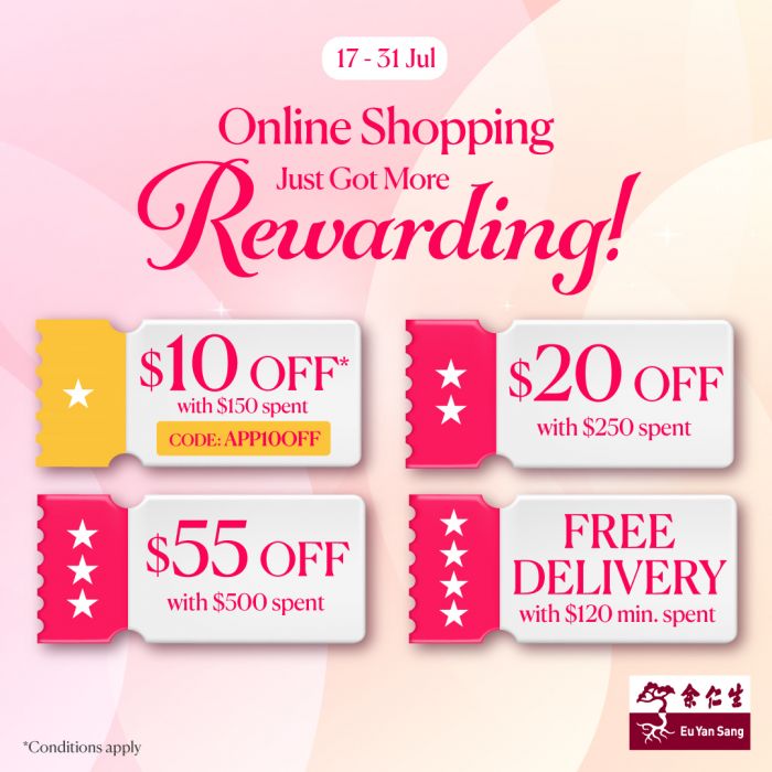 Eu Yan Sang Online Promotion: Up to $55 OFF + Free Delivery (17-31 July 2025) Eu Yan Sang Online Promotion: Up to $55 OFF + Free Delivery (17-31 July 2025)