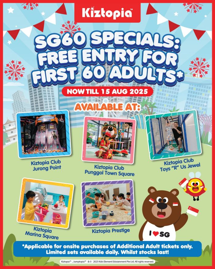 Kiztopia SG60 Promotion - FREE Entry For 60 Adults (until 15 Aug 2025) Kiztopia SG60 Promotion - FREE Entry For 60 Adults (until 15 Aug 2025)