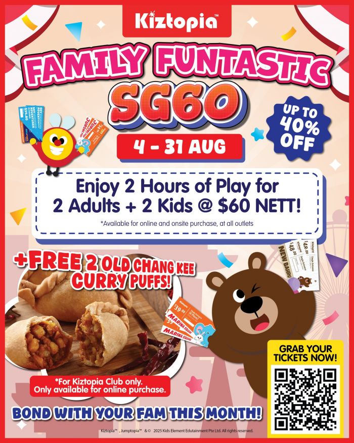 Kiztopia SG60 Promotion - Family Funtastic 2 Adults + 2 Kids for $60 (4-31 August 2025) Kiztopia SG60 Promotion - Family Funtastic 2 Adults + 2 Kids for $60 (4-31 August 2025)