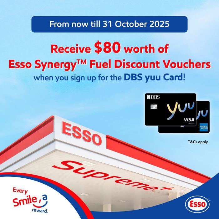 DBS yuu Card Promotion: Free $80 Esso Fuel Vouchers (Till 31 Oct 2025) DBS yuu Card Promotion: Free $80 Esso Fuel Vouchers (Till 31 Oct 2025)