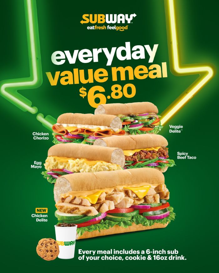 Subway Everyday Value Meal Promotion: 6-Inch Sub, Cookie & 16oz Drink for $6.80 Subway Everyday Value Meal Promotion: 6-Inch Sub, Cookie & 16oz Drink for $6.80