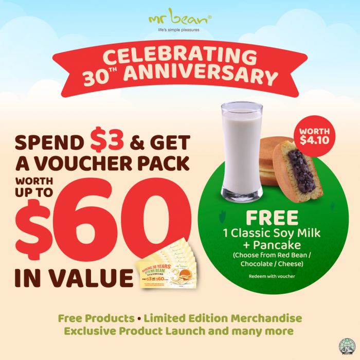 Mr Bean 30th Anniversary: Spend $3 & Get Voucher Pack Worth $60 + Free Soy Milk & Pancake Mr Bean 30th Anniversary: Spend $3 & Get Voucher Pack Worth $60 + Free Soy Milk & Pancake