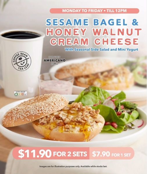 Coffee Bean Breakfast Promotion: Sesame Bagel & Honey Walnut Cream Cheese Set Coffee Bean Breakfast Promotion: Sesame Bagel & Honey Walnut Cream Cheese Set
