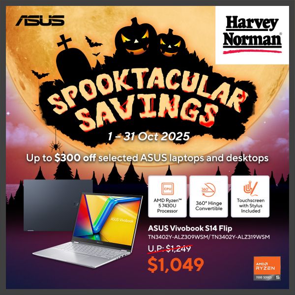 Harvey Norman ASUS Spooktacular Savings: Up to $900 Off Laptops & Desktops (1–31 Oct 2025) Harvey Norman ASUS Spooktacular Savings: Up to $900 Off Laptops & Desktops (1–31 Oct 2025)