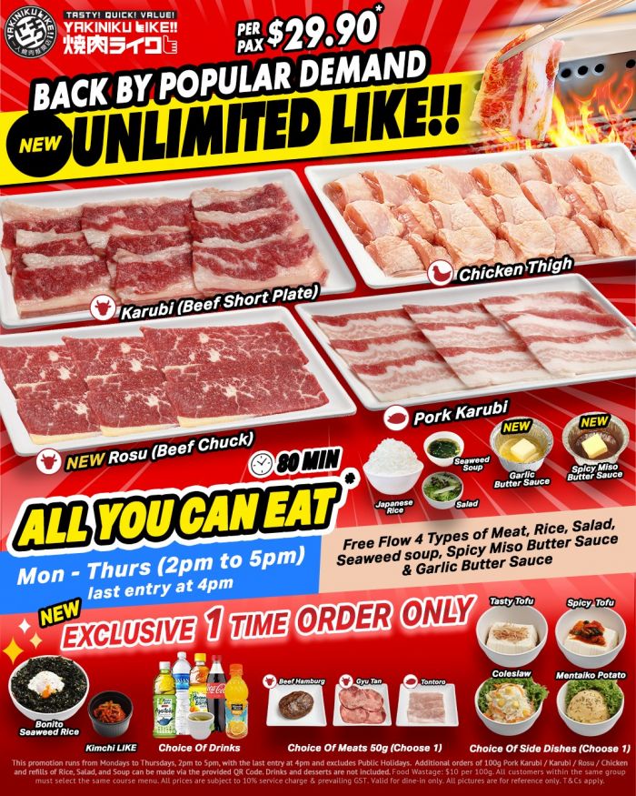 Yakiniku Like Unlimited LIKE Promotion: All You Can Eat for $29.90 Per Pax Yakiniku Like Unlimited LIKE Promotion: All You Can Eat for $29.90 Per Pax