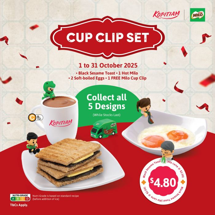 Kopitiam Cup Clip Set Promotion: Milo Collectible Set with Black Sesame Toast (1–31 Oct 2025) Kopitiam Cup Clip Set Promotion: Milo Collectible Set with Black Sesame Toast (1–31 Oct 2025)