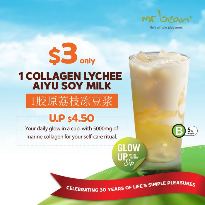 Mr Bean Promotion: Collagen Lychee Aiyu Soy Milk $3 Offer Mr Bean Promotion: Collagen Lychee Aiyu Soy Milk $3 Offer