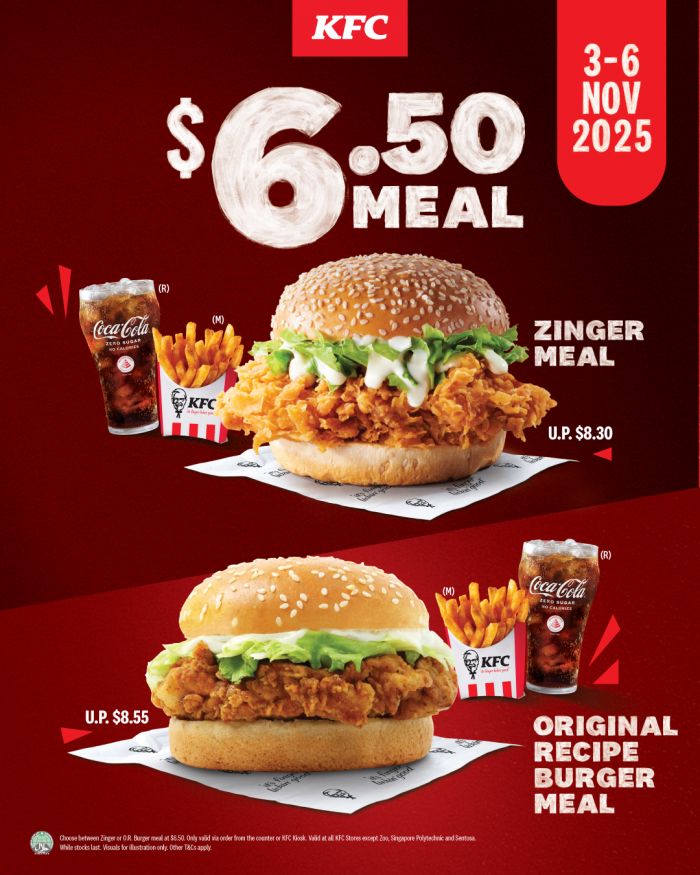 KFC $6.50 Burger Promotion: Zinger or Original Recipe Burger Meal (3–6 Nov 2025) KFC $6.50 Burger Promotion: Zinger or Original Recipe Burger Meal (3–6 Nov 2025)