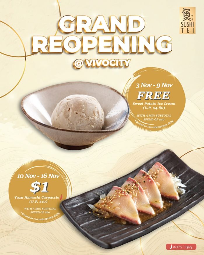 Sushi Tei VivoCity Reopening Promotion: Free Ice Cream & $1 Yuzu Hamachi (3–16 Nov 2025) Sushi Tei VivoCity Reopening Promotion: Free Ice Cream & $1 Yuzu Hamachi (3–16 Nov 2025)