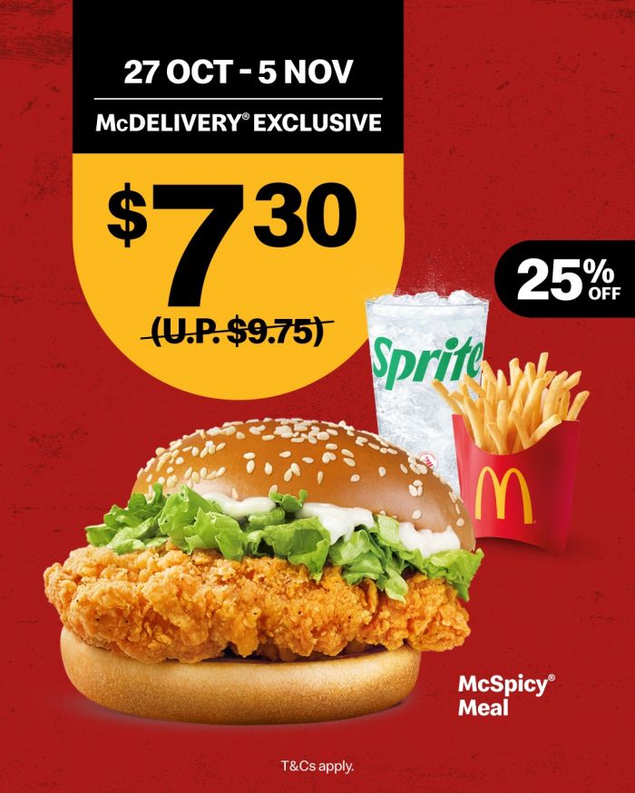 McDonald’s McDelivery Promotion: 25% Off McSpicy Meal for $7.30 (27 Oct – 5 Nov 2025) McDonald’s McDelivery Promotion: 25% Off McSpicy Meal for $7.30 (27 Oct – 5 Nov 2025)