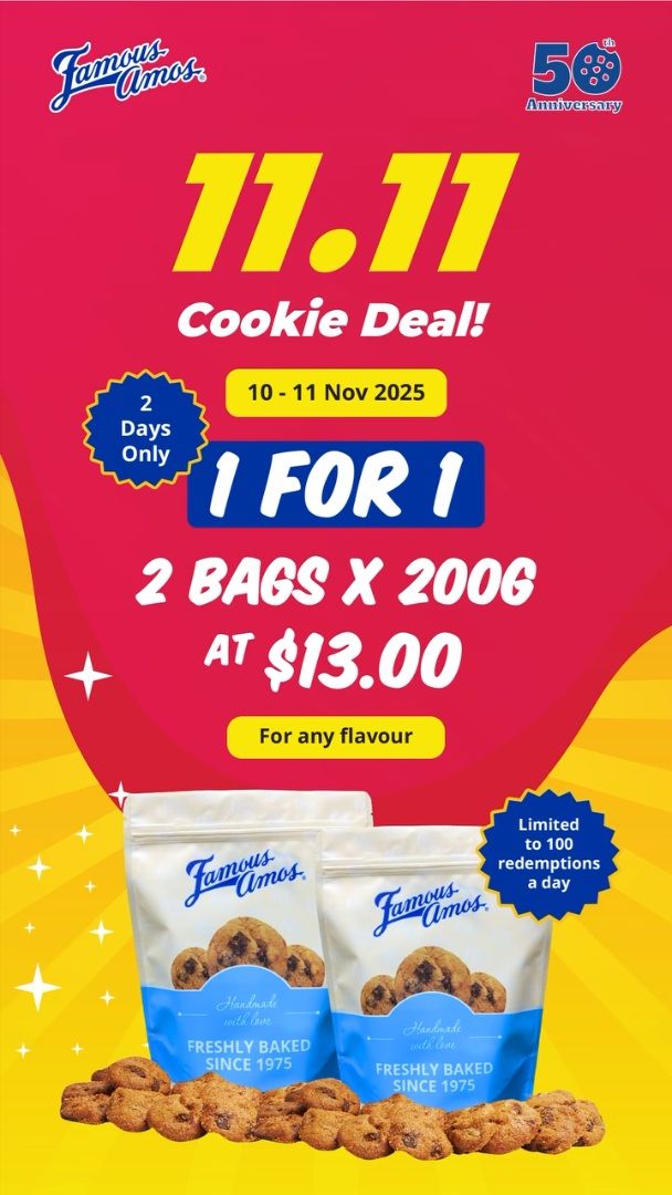 Famous Amos 11.11 Promotion: 1-for-1 Cookies Deal (10–11 Nov 2025) Famous Amos 11.11 Promotion: 1-for-1 Cookies Deal (10–11 Nov 2025)