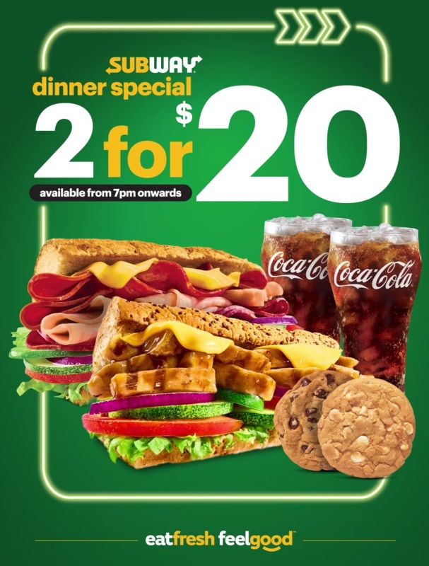 Subway Dinner Promotion: 2-for-$20 Deal with Subs, Drinks & Cookies Subway Dinner Promotion: 2-for-$20 Deal with Subs, Drinks & Cookies
