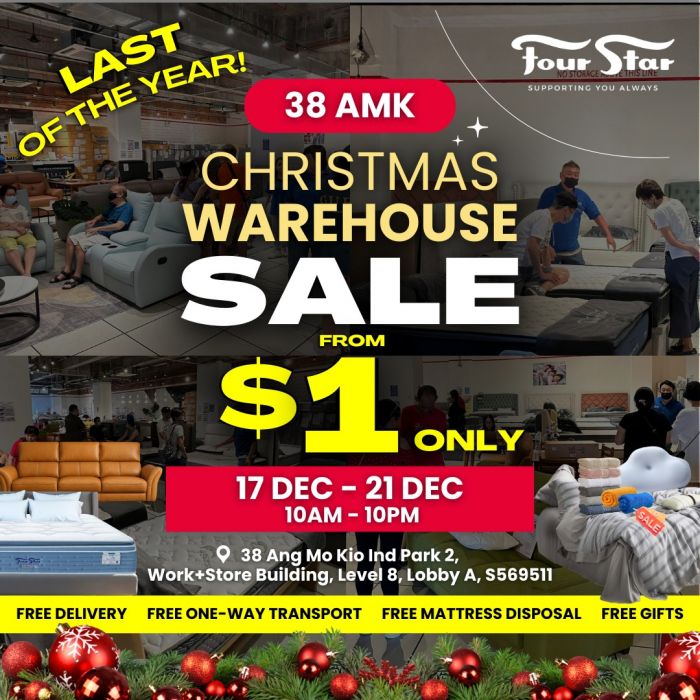 Four Star Christmas Warehouse Sale: Mattresses, Sofas & Furniture From $1 (17–21 Dec 2025) Four Star Christmas Warehouse Sale: Mattresses, Sofas & Furniture From $1 (17–21 Dec 2025)