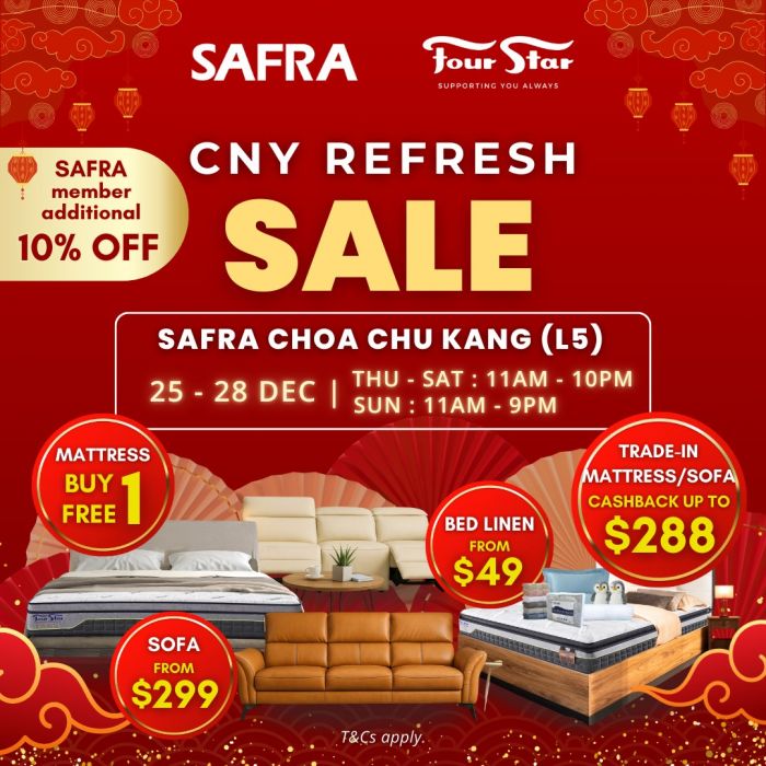 Four Star CNY Refresh Sale: SAFRA Members Extra 10% Off, Mattress & Furniture Deals (25-28 Dec 2025) Four Star CNY Refresh Sale: SAFRA Members Extra 10% Off, Mattress & Furniture Deals (25-28 Dec 2025)
