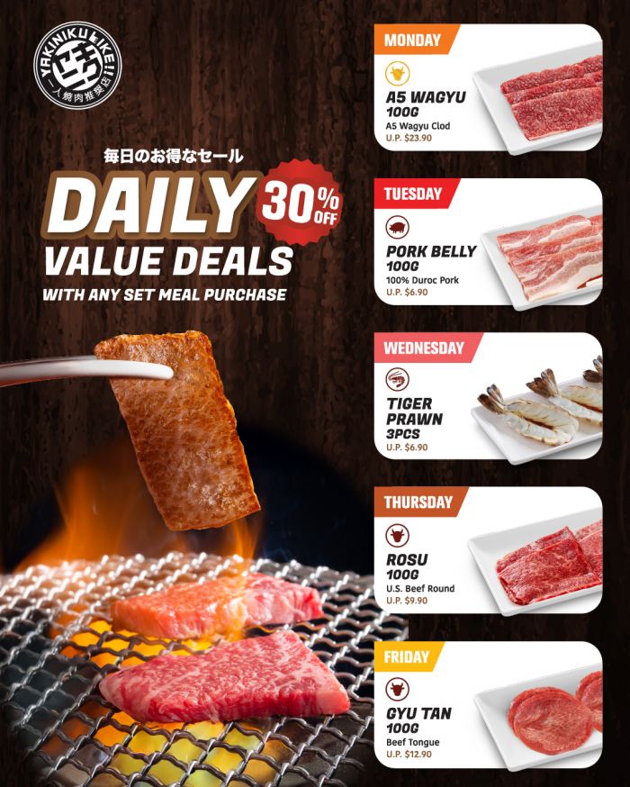 Yakiniku Like Daily Value Deals: 30% Off A5 Wagyu, Pork Belly, Tiger Prawn, Rosu and Gyu Tan Yakiniku Like Daily Value Deals: 30% Off A5 Wagyu, Pork Belly, Tiger Prawn, Rosu and Gyu Tan
