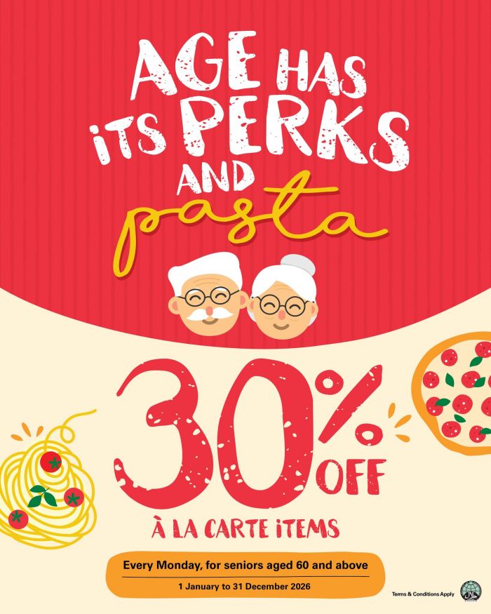 PastaMania Senior Citizen Promotion: 30% Off A La Carte Items (Jan - Dec 2026) PastaMania Senior Citizen Promotion: 30% Off A La Carte Items (Jan - Dec 2026)