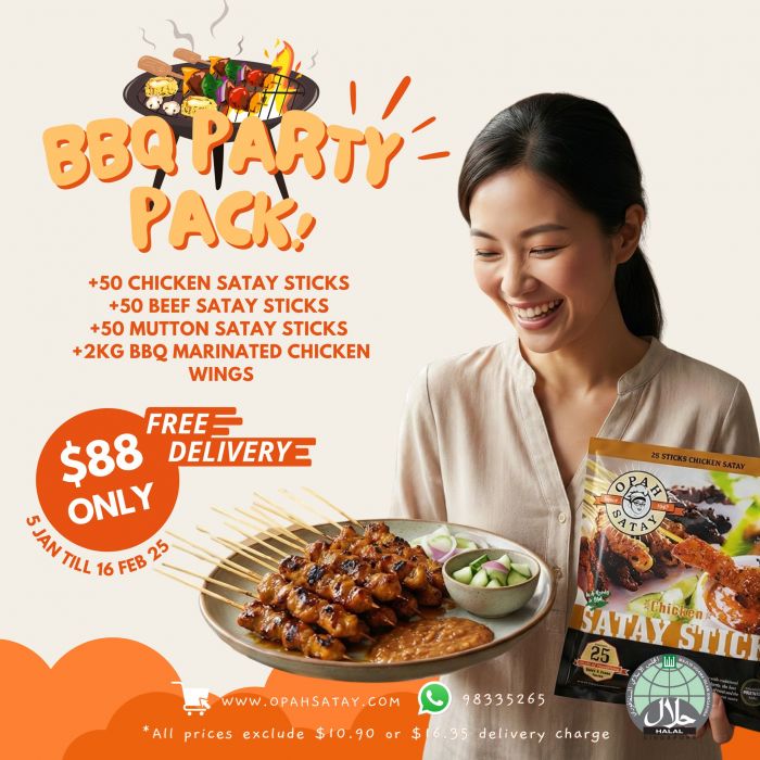Opah Satay BBQ Party Pack: 150 Sticks + 2kg Wings for $88 (5 Jan - 16 Feb 2026) Opah Satay BBQ Party Pack: 150 Sticks + 2kg Wings for $88 (5 Jan - 16 Feb 2026)