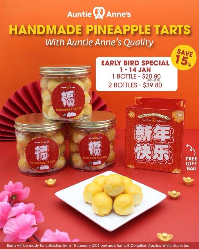 Auntie Anne’s First-Ever Pineapple Tarts: Save 15% Early Bird Promo (1-14 Jan 2026) Auntie Anne’s First-Ever Pineapple Tarts: Save 15% Early Bird Promo (1-14 Jan 2026)