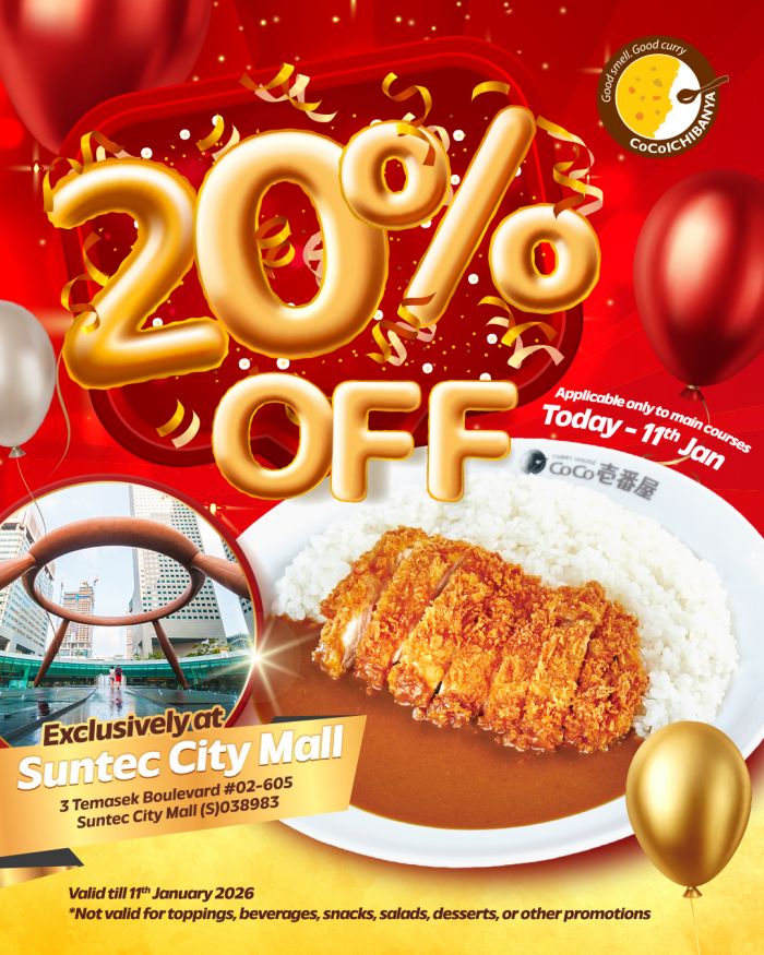 CoCo Ichibanya Suntec City Opening: 20% Off Main Courses (Until 11 Jan 2026) CoCo Ichibanya Suntec City Opening: 20% Off Main Courses (Until 11 Jan 2026)