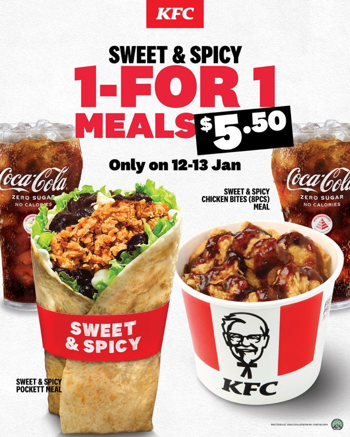 KFC 1-For-1 Sweet & Spicy Meals: Pockett & Chicken Bites @ $5.50 (12-13 Jan 2026) KFC 1-For-1 Sweet & Spicy Meals: Pockett & Chicken Bites @ $5.50 (12-13 Jan 2026)