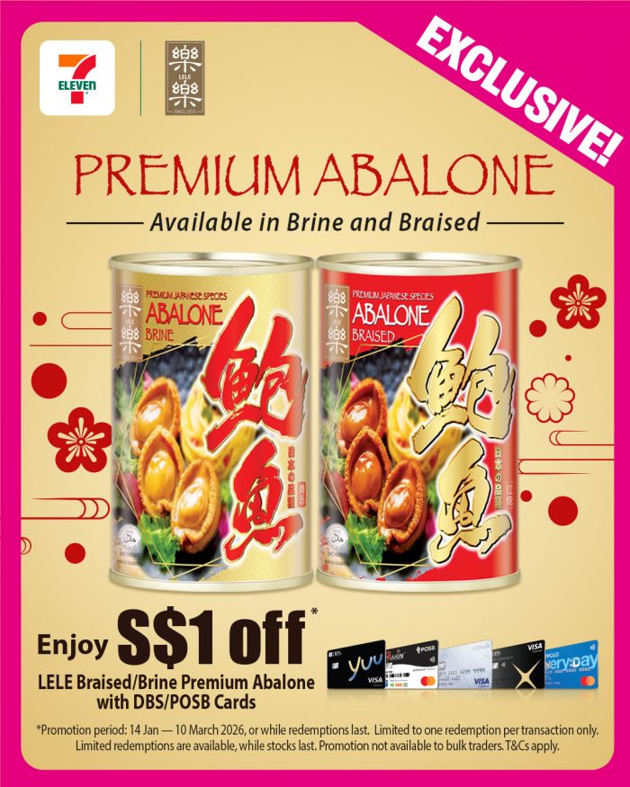 7-Eleven LELE Abalone Promotion: $1 OFF with DBS/POSB Cards (14 Jan - 10 Mar 2026) 7-Eleven LELE Abalone Promotion: $1 OFF with DBS/POSB Cards (14 Jan - 10 Mar 2026)