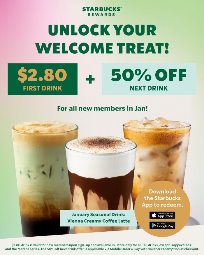 Starbucks Rewards Welcome Treat: $2.80 First Drink & 50% Off Next (Jan 2026) Starbucks Rewards Welcome Treat: $2.80 First Drink & 50% Off Next (Jan 2026)