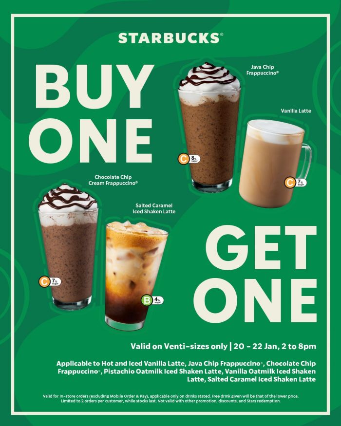Starbucks Buy One Get One FREE: Selected Venti Beverages (20-22 Jan 2026) Starbucks Buy One Get One FREE: Selected Venti Beverages (20-22 Jan 2026)