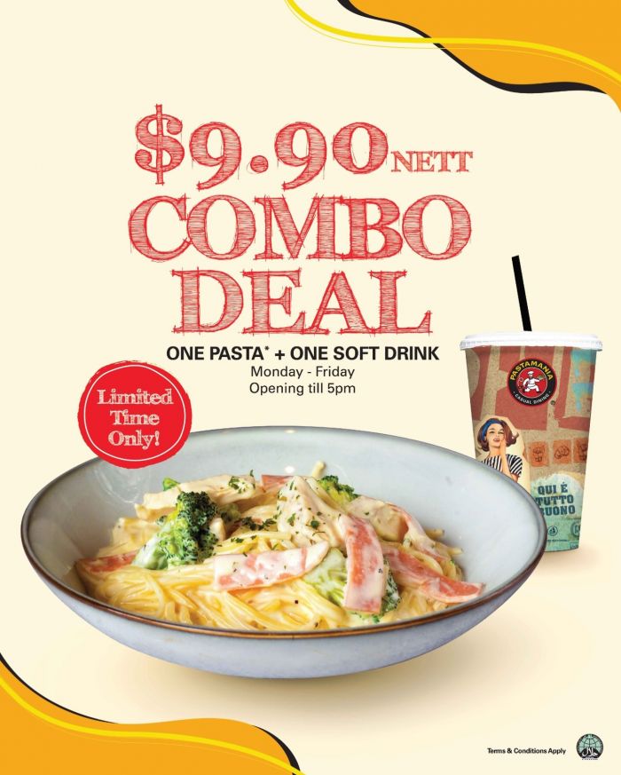PastaMania Combo Deal: Pasta + Soft Drink for $9.90 Nett (Weekdays) PastaMania Combo Deal: Pasta + Soft Drink for $9.90 Nett (Weekdays)