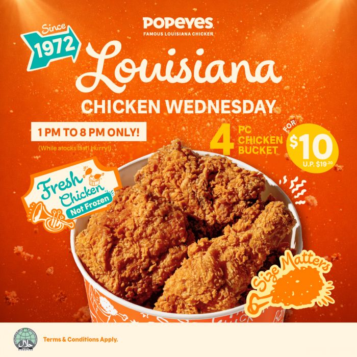 Popeyes Louisiana Chicken Wednesday: 4pc Chicken Bucket for $10 (Every Wednesday) Popeyes Louisiana Chicken Wednesday: 4pc Chicken Bucket for $10 (Every Wednesday)