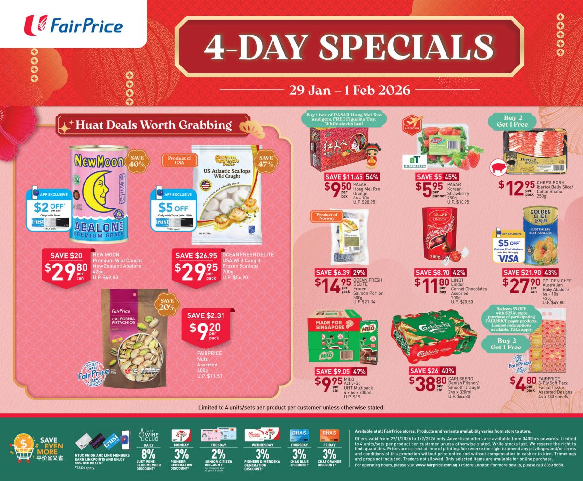 NTUC FairPrice 4-Day Specials: Abalone, Scallops & CNY Deals (29 Jan - 1 Feb 2026) NTUC FairPrice 4-Day Specials: Abalone, Scallops & CNY Deals (29 Jan - 1 Feb 2026)
