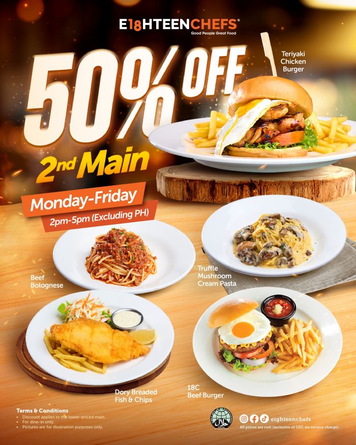 Eighteen Chefs 50% Off 2nd Main Promotion: Weekday Western Food Deals Eighteen Chefs 50% Off 2nd Main Promotion: Weekday Western Food Deals