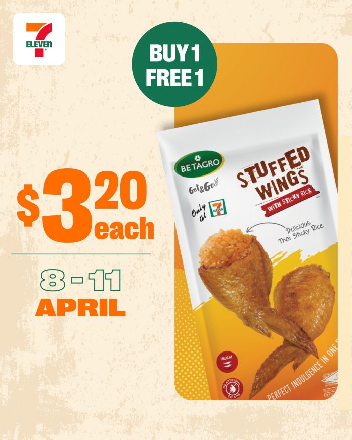 7-Eleven + Betagro Buy 1 Get 1 FREE: Stuffed Wings with Sticky Rice (8 - 11 April 2026) 7-Eleven + Betagro Buy 1 Get 1 FREE: Stuffed Wings with Sticky Rice (8 - 11 April 2026)