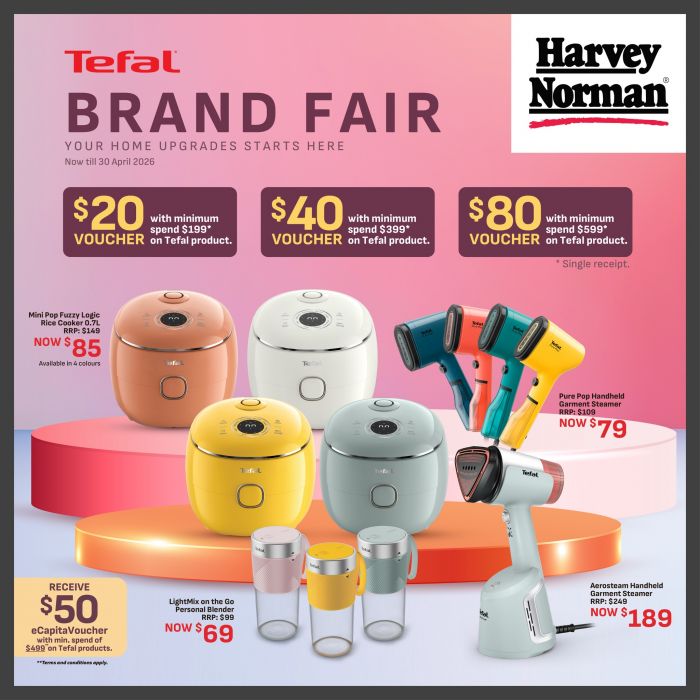 Harvey Norman Tefal Brand Fair Sale: Home Upgrades - Up to $80 Voucher & Deals (Till 30 Apr 2026) Harvey Norman Tefal Brand Fair Sale: Home Upgrades - Up to $80 Voucher & Deals (Till 30 Apr 2026)