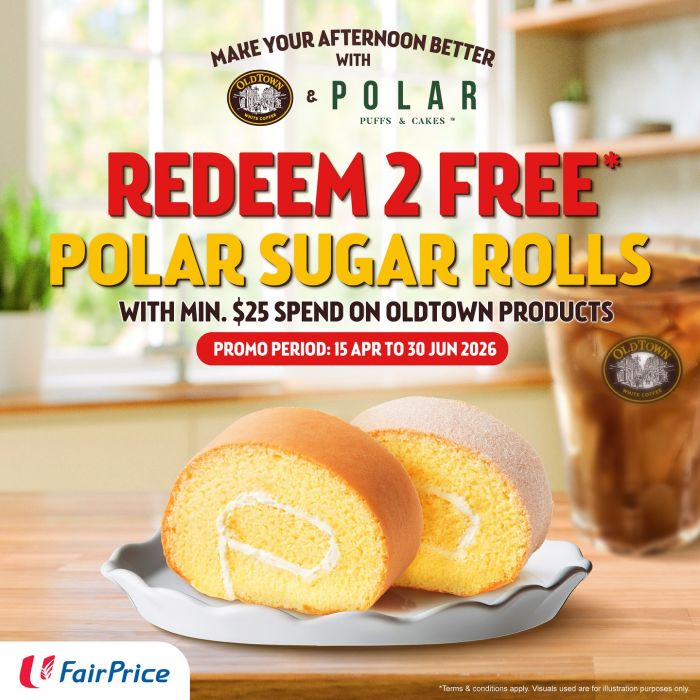 OldTown NTUC FairPrice: 2 FREE Polar Sugar Rolls with Min Spend (15 April - 30 June 2026) OldTown NTUC FairPrice: 2 FREE Polar Sugar Rolls with Min Spend (15 April - 30 June 2026)