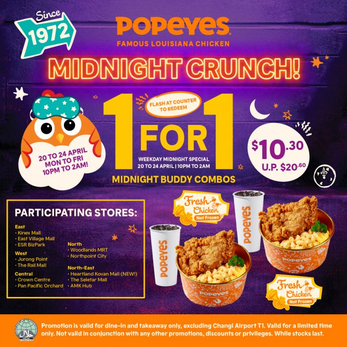 Popeyes 1-for-1 Midnight Buddy Combos: Mac Attack Bowls Supper Deal (20 - 24 April 2026) Popeyes 1-for-1 Midnight Buddy Combos: Mac Attack Bowls Supper Deal (20 - 24 April 2026)