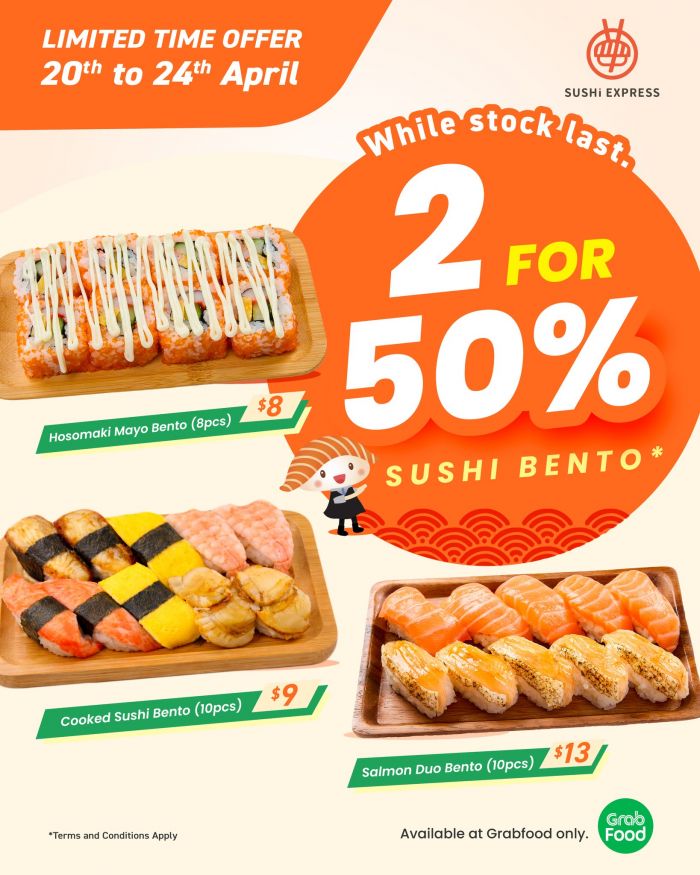 Sushi Express 2 FOR 50% OFF Selected Sushi Bentos: GrabFood Exclusive (20 - 24 April 2026) Sushi Express 2 FOR 50% OFF Selected Sushi Bentos: GrabFood Exclusive (20 - 24 April 2026)