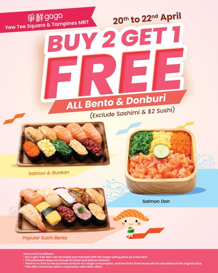 争鲜gogo Buy 2 Get 1 Free: ALL Bento & Donburi - Exclusively at Selected Outlets (20-22 Apr 2026) 争鲜gogo Buy 2 Get 1 Free: ALL Bento & Donburi - Exclusively at Selected Outlets (20-22 Apr 2026)