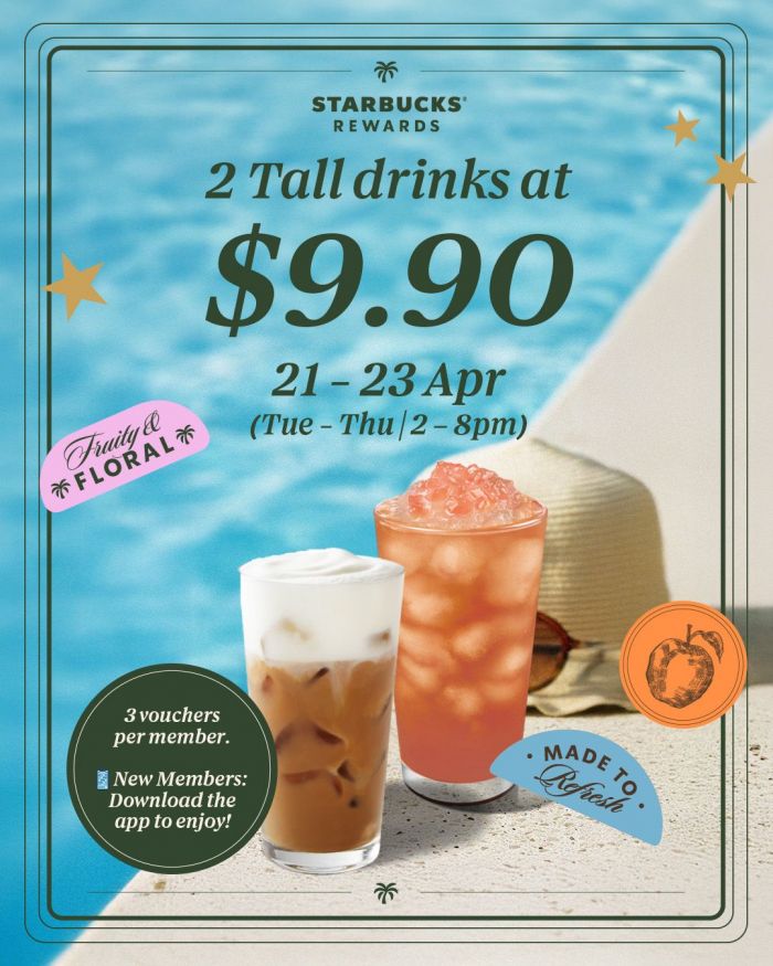 Starbucks 2 Tall Drinks for $9.90 Promotion: Any Beverage Choice Including Matcha (21 - 23 April 2026) Starbucks 2 Tall Drinks for $9.90 Promotion: Any Beverage Choice Including Matcha (21 - 23 April 2026)
