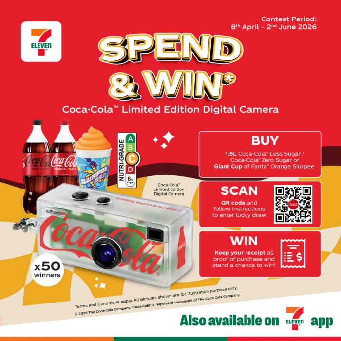 7-Eleven Spend & Win Promotion: Win Coca-Cola Limited Edition Digital Camera (8 April - 2 June 2026) 7-Eleven Spend & Win Promotion: Win Coca-Cola Limited Edition Digital Camera (8 April - 2 June 2026)