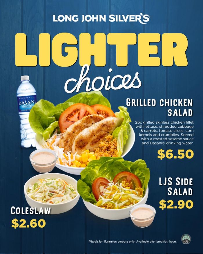 Long John Silver's Lighter Choices: Grilled Chicken Salad & Side Salads from $2.60 (April 2026) Long John Silver's Lighter Choices: Grilled Chicken Salad & Side Salads from $2.60 (April 2026)
