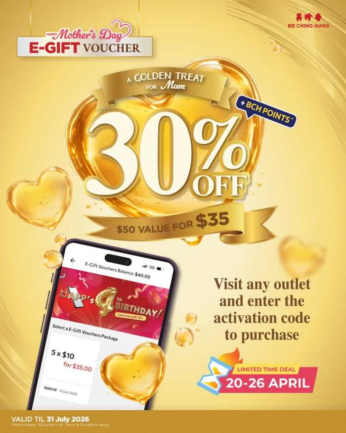 Bee Cheng Hiang Mother’s Day Promotion: 30% OFF E-Gift Vouchers ($50 Value for $35) (20 - 26 April 2026) Bee Cheng Hiang Mother’s Day Promotion: 30% OFF E-Gift Vouchers ($50 Value for $35) (20 - 26 April 2026)